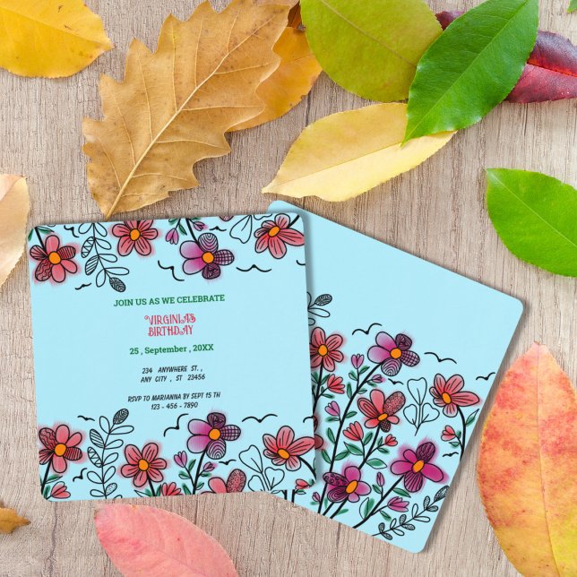 INVITATION PRINTEMPS UNIQUE ROUGE DOODLE FLEURS ANNIVERSAIRE (Créateur téléchargé)