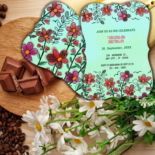 INVITATION PRINTEMPS UNIQUE ROUGE DOODLE FLEURS ANNIVERSAIRE (Créateur téléchargé)