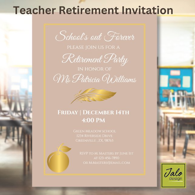 Invitation Professeur Élégant Fête de Retraite Brun Pastel Or (Créateur téléchargé)