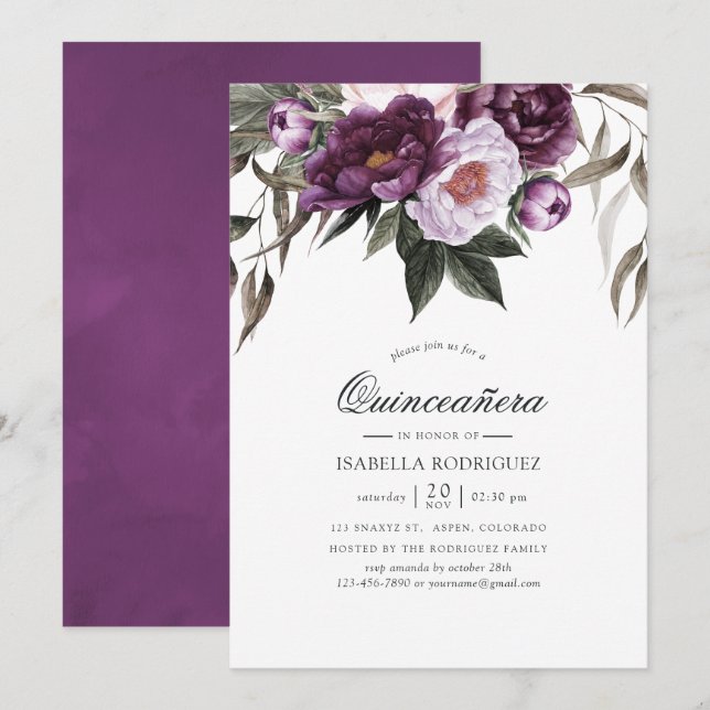 Invitation Profond velours floral Quinceañera (Devant / Derrière)