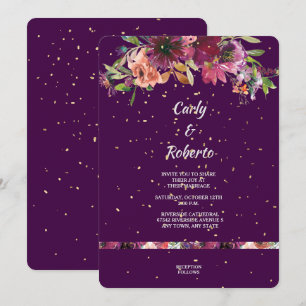 Invitation Profond violet vif Floral Mariage Confetti or