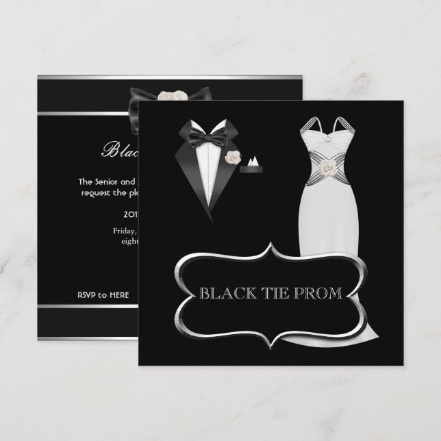 Invitation Prom High School Dance Formel Blanc Noir Cravate (Devant / Derrière)
