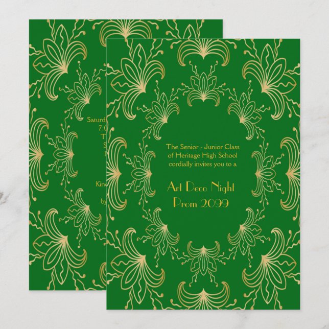 Invitation Prom Senior, Art Déco, fleurs stylisées, émeraude (Devant / Derrière)