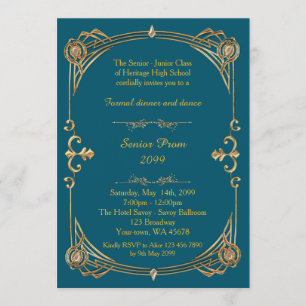 Invitation Prom senior, bleu vert & or, style Gatsby