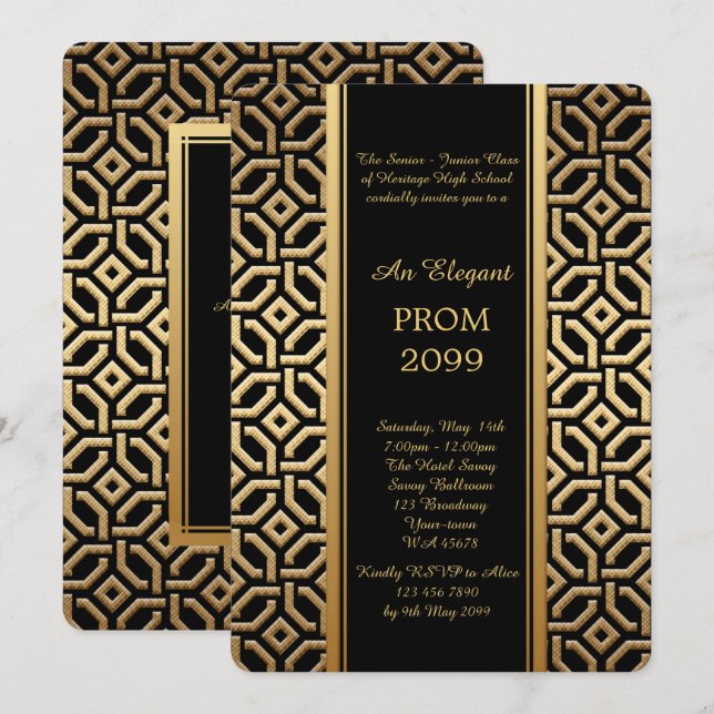 Invitation Prom Senior Junior, Black Gold Geometry Emperor (Devant / Derrière)