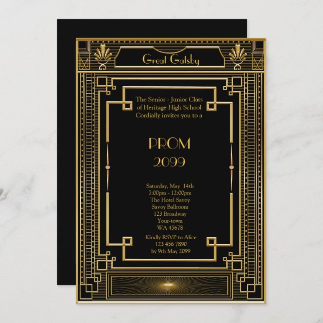 Invitation Prom Senior Junior, Great Gatsby, Gold, noir (Devant / Derrière)