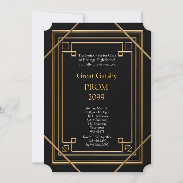 Invitation Prom Senior Junior, Great Gatsby, Gold, noir (Devant)