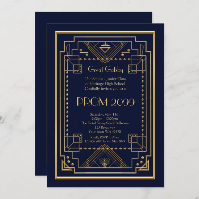 Invitation Prom Senior-Junior, Great Gatsby, or, marine (Devant / Derrière)