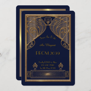 Invitation Prom Senior Junior, Navy, Gold Geometry, Art Déco