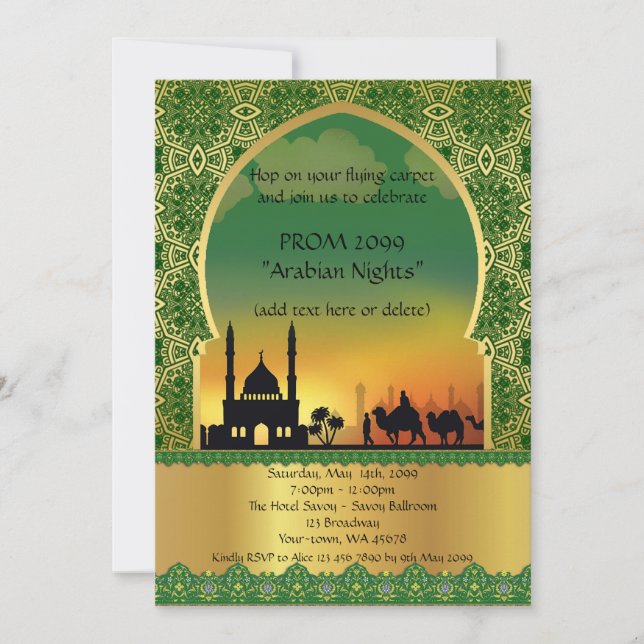 Invitation Prom Senior Junior, style arabe, or vert (Devant)