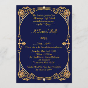 Invitation Prom senior junior, style Gatsby, art déco, marine