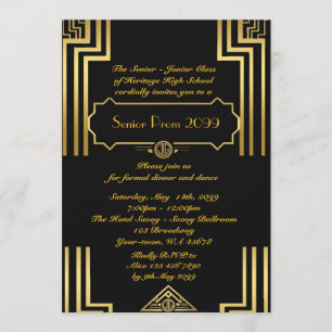 Invitation Prom senior junior, style Gatsby, art déco, noir
