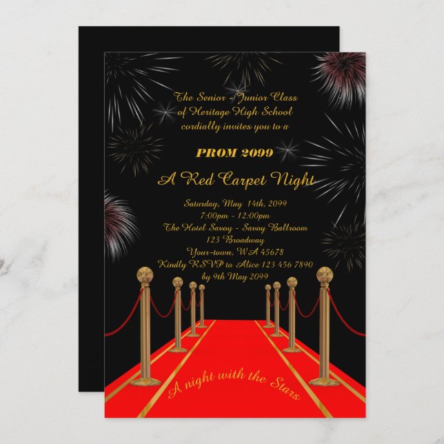 Invitation Prom Senior Junior, style Gatsby, nuit sur tapis r (Devant / Derrière)