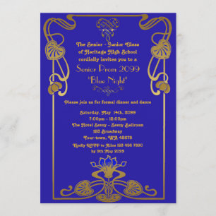 Invitation Prom senior, style Gatsby, bleu & or, monogramme