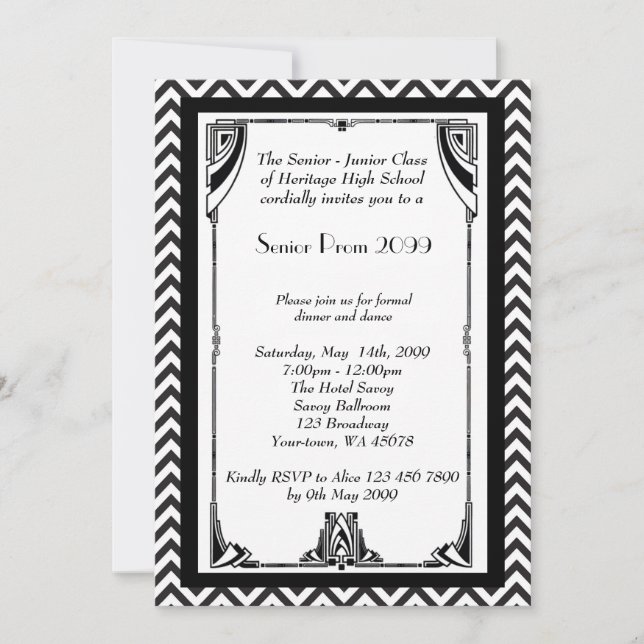 Invitation Prom senior, style Gatsby, noir & blanc, cadre (Devant)