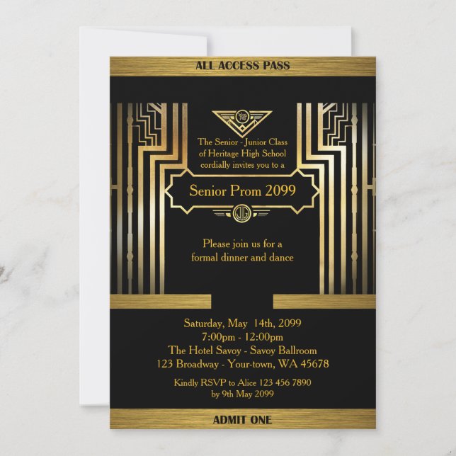 Invitation Prom senior, style Gatsby, noir & or, monogramme (Devant)