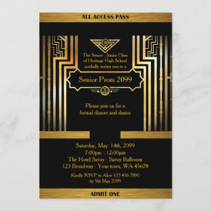 Invitation Prom senior, style Gatsby, noir & or, monogramme