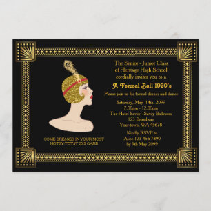 Invitation Prom senior, style Gatsby, noir & or, monogramme