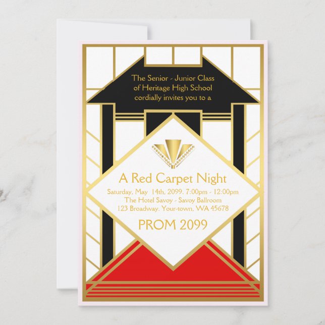 Invitation Prom Senior, style Gatsby, tapis rouge stylisé (Devant)
