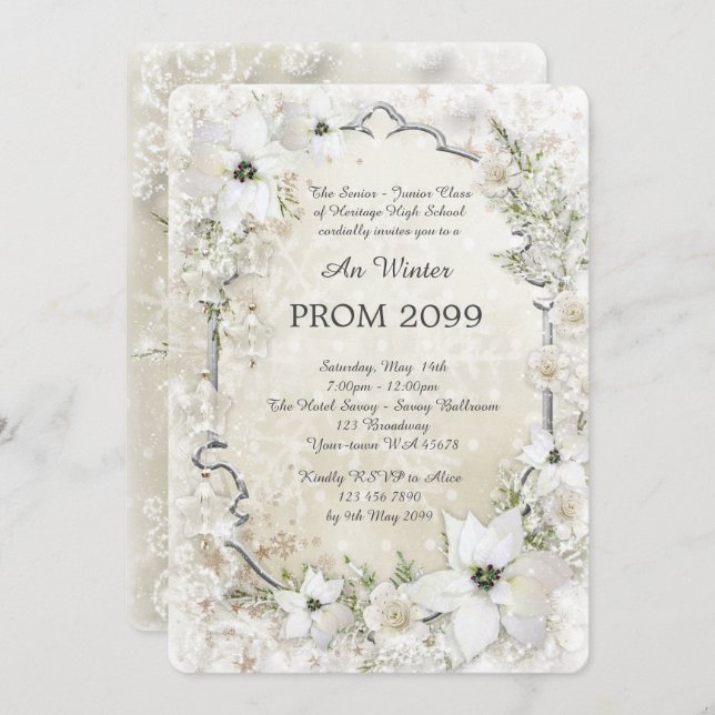 Invitation Prom Winter Senior Junior, blanc, argent, chic (Devant / Derrière)