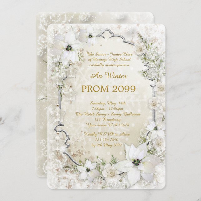 Invitation Prom Winter Senior Junior, Gold blanc, argent (Devant / Derrière)