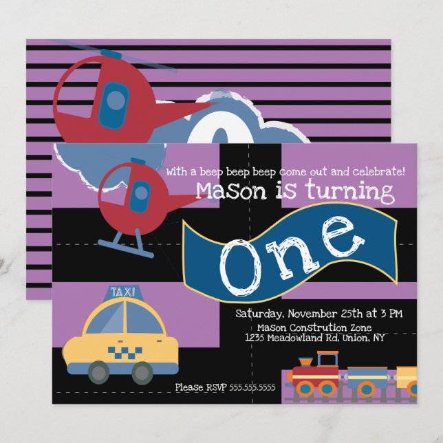 Invitation Promenade Cute Par Véhicule Fête 1er Anniversaire  (Devant / Derrière)