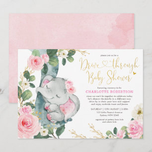 Invitation Promenade D'Éléphants Floraux Roses Par Fille Baby