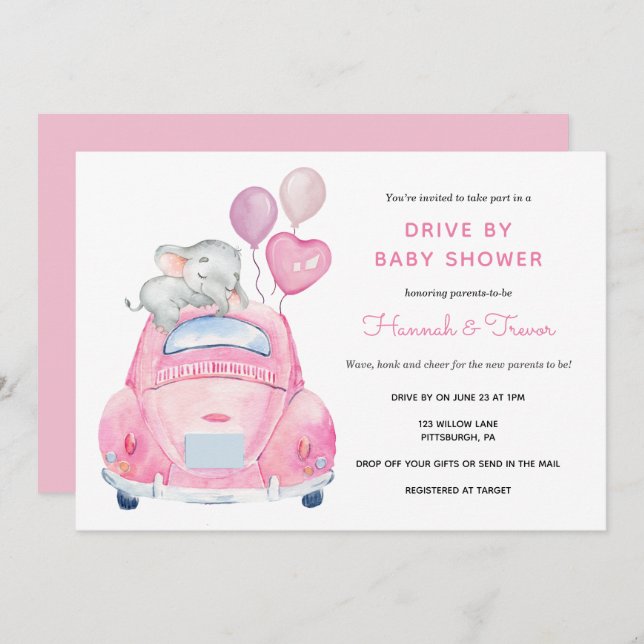 Invitation Promenade Elephant Par Bébé Fille Douche (Devant / Derrière)