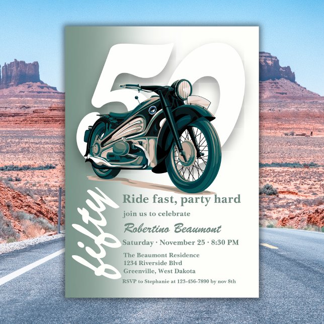 Invitation Promenade en moto verte classique - 50 ans (Créateur téléchargé)