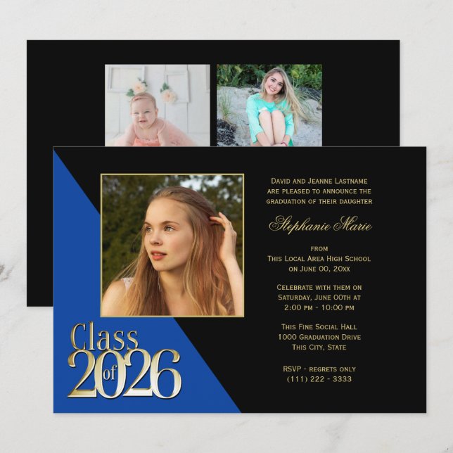 Invitation Promotion 2026 Or Diplômé Bleu avec Photo (Devant / Derrière)