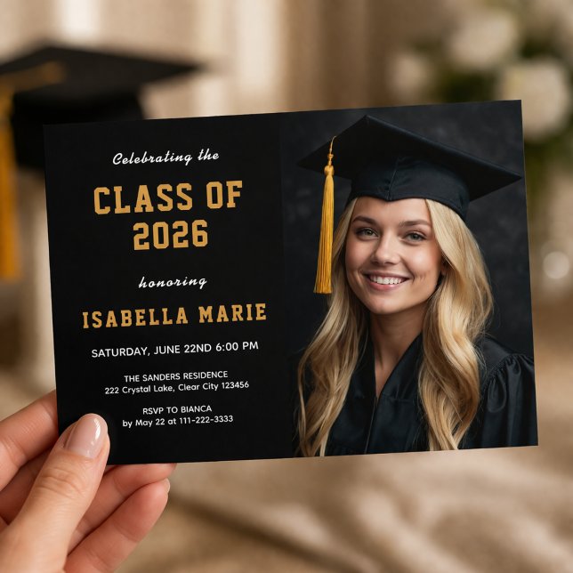 Invitation Promotion 2026 Photo Or Diplôme (Class of 2026 modern photo graduation invite with elegant gold style)