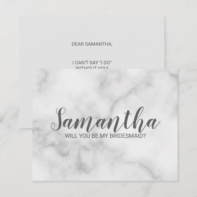 Invitation Proposition Bridesmaid | Élégant script en marbre (Devant / Derrière)