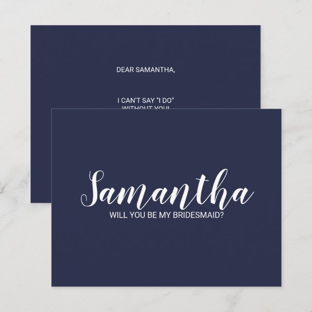 Invitation Proposition Bridesmaid | Script moderne bleu marin (Devant / Derrière)