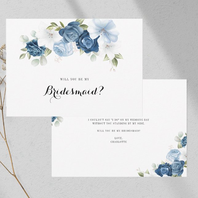 Invitation Proposition d'aide d'État pour la végétation fleur (Dusty Blue Floral Greenery Bridesmaid Proposal Invitation)