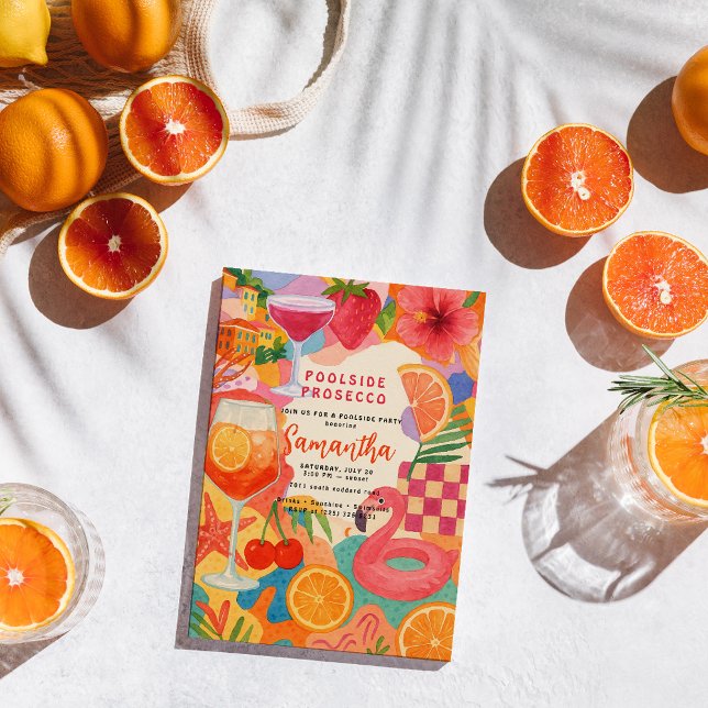 Invitation Prosecco au bord de la piscine Collage tropical |  (Créateur téléchargé)