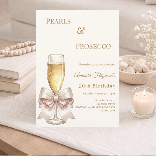 Invitation Prosecco Perles élégant anniversaire ruban doré iv (Créateur téléchargé)