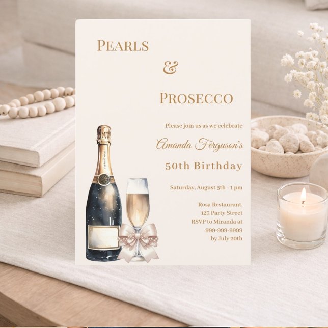 Invitation Prosecco Perles élégant ruban de soie ivory pour u (Créateur téléchargé)