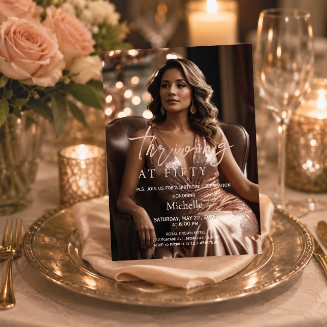 Invitation Prospérer à Cinquante Rose Gold Photo 50e Annivers ( See how your invitation looks at the celebration table.   )