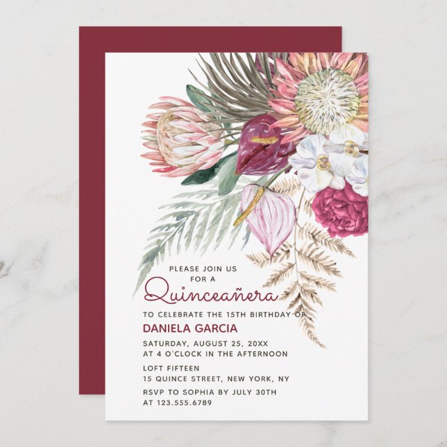 Invitation Protea Aquarelle Bouquet Floral Quinceañera (Devant / Derrière)