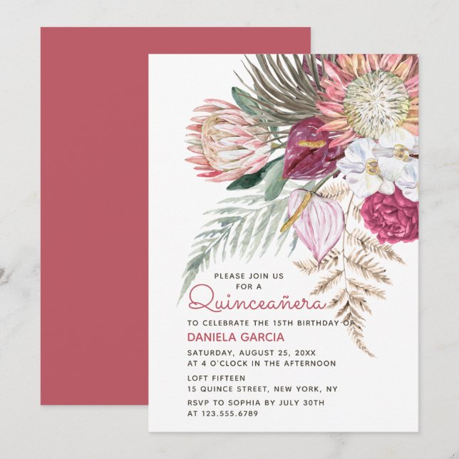Invitation Protea Aquarelle Bouquet Floral Quinceañera (Devant / Derrière)