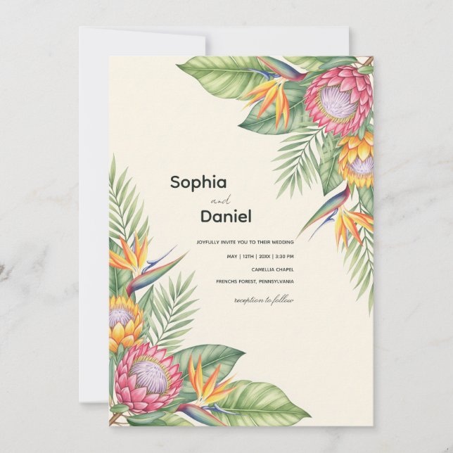 Invitation Protea et oiseau de paradis à l'aquarelle tropical (Devant)