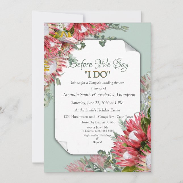 Invitation Protea Fuchsia avec Wedding shower vert et or (Devant)