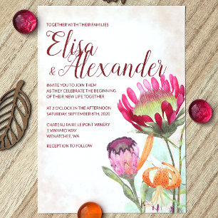 Invitation Protéas roses, Mariage de automne de Lys oranges