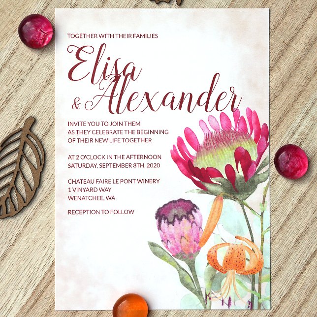 Invitation Protéas roses, Mariage de automne de Lys oranges (Fall Pink King Protea Flower Orange Tiger Lily Wedding Invitation)