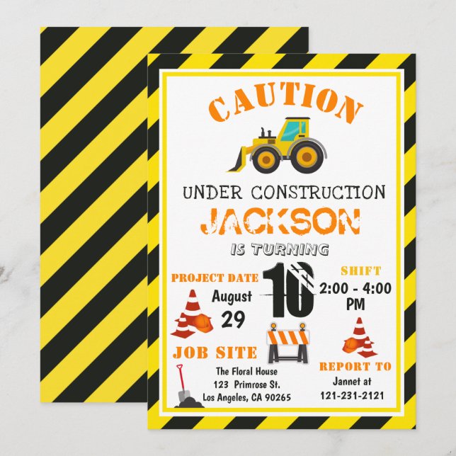 Invitation Prudence en construction Sauter le camion Annivers (Devant / Derrière)