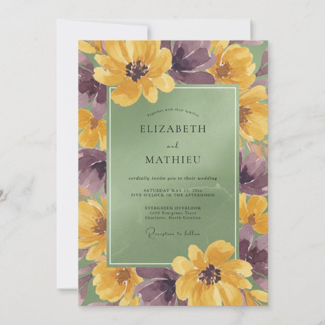 Invitation Prune Botanique Moutarde Peinture Mariage (Devant)