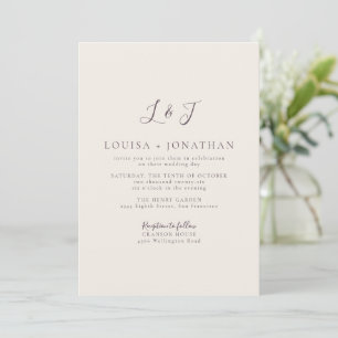 Invitation Prune Crème Minimal Monogramme Écriture Élégante M