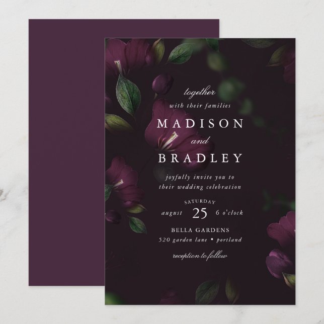 Invitation Prune Foncé Floral | Mariage (Devant / Derrière)
