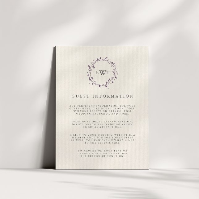 Invitation Prune | Monogram Wreath Mariage Détails de l'invit (Créateur téléchargé)