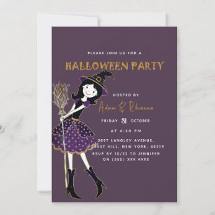 Invitation Prune profonde Balai magique d'Halloween
